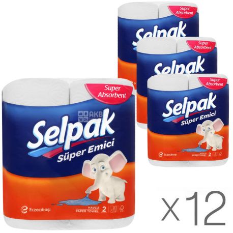 Selpak, Super Absorbent, 12 упаковок по 2 рул., Бумажные полотенца Селпак Супер Абсорбент, 3-х слойные, 80 листов, 22х11 см