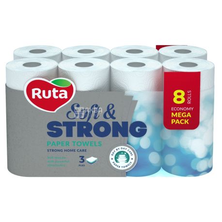 Ruta, Soft & Strong, 8 рул., Бумажные полотенца Рута, Мягкие и прочные, 3-х слойные, 85 листов, 39х21 см