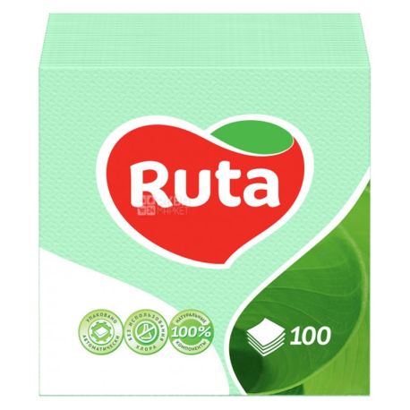Ruta, 100 шт., Салфетки столовые Рута, однослойные, 24x24см, зеленые