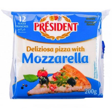 President Моцарелла, 40%, Сыр плавленный для пиццы, дольками, 200 г