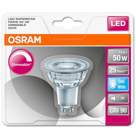 Osram, LED, Лампа світлодіодна, цоколь GU 10, 5,9W, 220-240V, нейтральне біле свічення, 4000K, 350lm