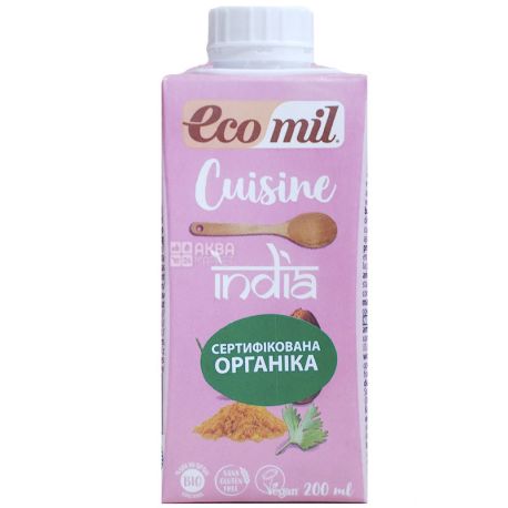 Ecomil, India, 0,2 л, Екоміл, Рослинні вершки Індійські, з кокосом і спеціями, без лактози