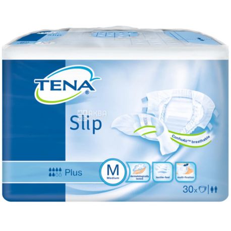 Tena, Slip Plus Medium, 30 шт., Подгузники поглощающие для взрослых, 6 капель, размер М
