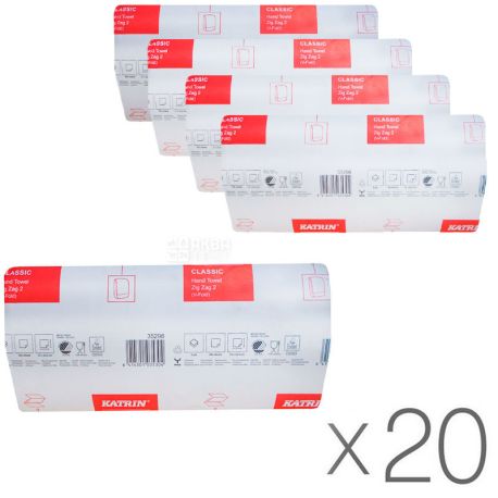 Katrin Classic, Бумажные полотенца Катрин, 2-х слойные, V-сложения, белые, 20 упаковок х 200 шт., 23х22 см