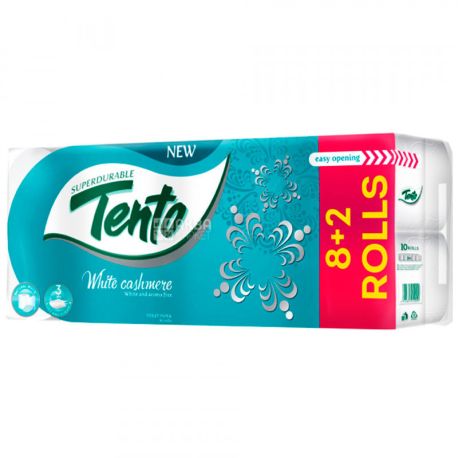 Tento White Cashmere, 10 рул., Туалетний папір Тенто Кашмір, білий, 3-х шарова