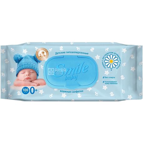 Smile Baby, 100 шт., Салфетки влажные Смайл, Детские, Ромашка и алоэ, для ухода за кожей