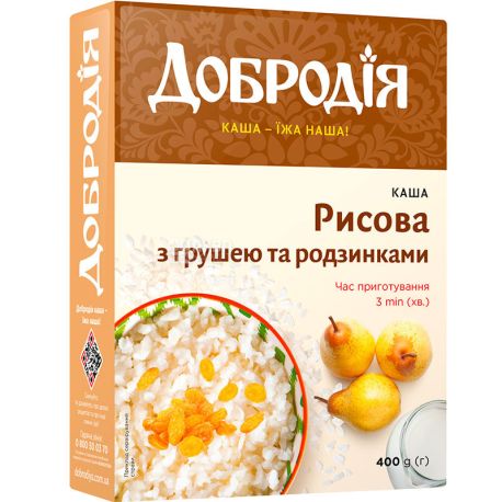 Dobrodiya, 400 g, Rice porridge with pear and raisins