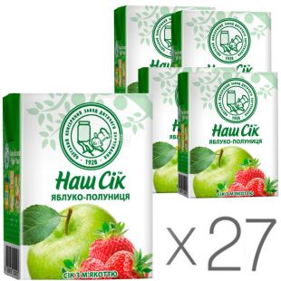 Наш сок, Упаковка 27 шт. х 0,2л, Сок Яблочно-Клубничный с мякотью, с трубочкой