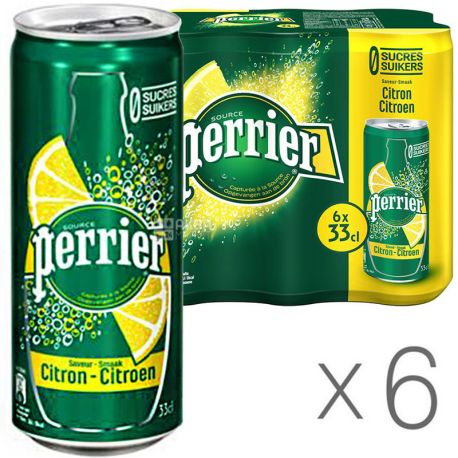 Perrier Lemon, 0,33 л, Упаковка 6 шт., Вода мінеральна Пер'є, зі смаком Лимона, ж/б
