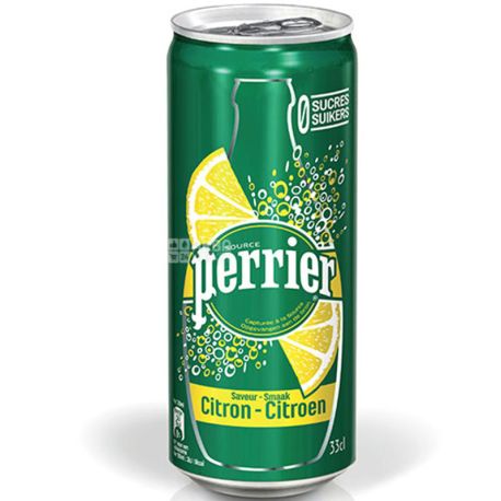 Perrier Lemon, 0,33 л, Вода минеральная газированная Перье, со вкусом Лимона, ж/б