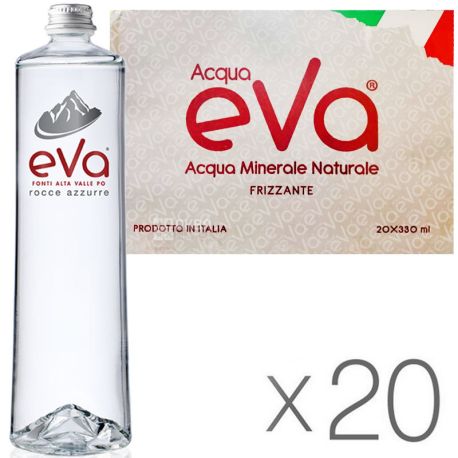 Acqua Eva Premium, 0.33 L, Pack of 20 pcs, Aqua Eva Premium, Mountain water, carbonated, glass