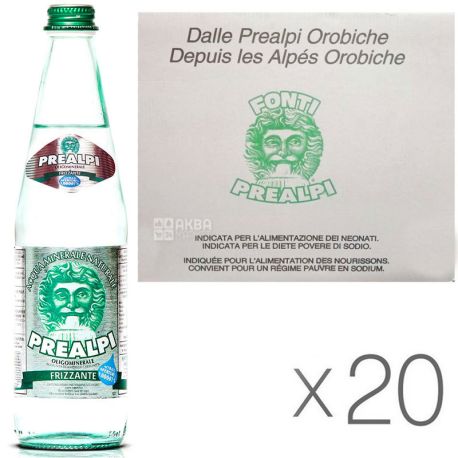 Fonti Prealpi, 0.5 L, Pack of 20 pcs, Prealpi, Mineral water, carbonated, glass