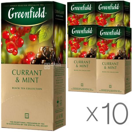 Greenfield, Currant Mint, 25 пак., Чай Гринфилд, Каррент Минт, черный со смородиной, Упаковка 10 шт.