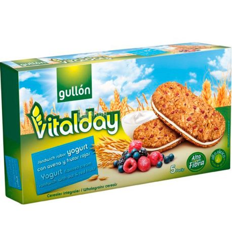 Gullon Vitalday Sandwich, 220 g, Gullon Vitalday Sandwich, Yogurt and Berry Cookies, Grain
