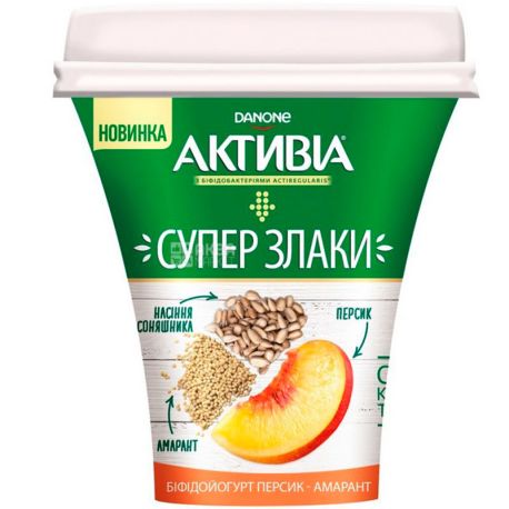 Активіа, Суперзлаки, 230 г, Біфідойогурт, Персик Амарант, 3%