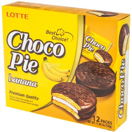 Lotte Choco Pie banana, 336 г, Лотте Чоко Пай, Печиво зі смаком банана