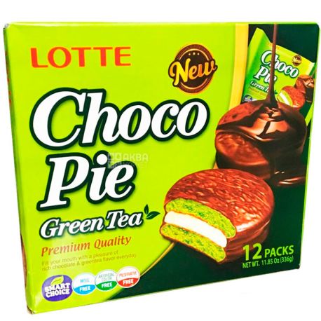 Lotte Choco Pie green tea, 336 г, Лотте Чоко Пай, Печенье со вкусом зеленого чая