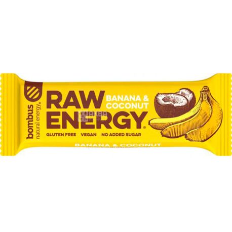 Bombus Raw Energy, 50 г, Батончик энергетический Бомбус, со вкусом банана и кокоса