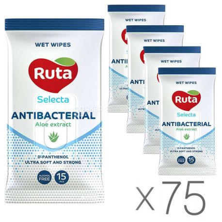 Ruta Selecta Antibacterial, 75 упаковок по 15 шт., Серветки вологі Рута Селекта Антібактеріальні, з екстрактом алое, для шкіри