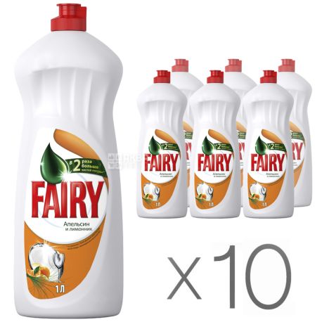 Fairy, 1 L, Pack of 10, Dishwashing liquid Fairy, Orange and lemongrass