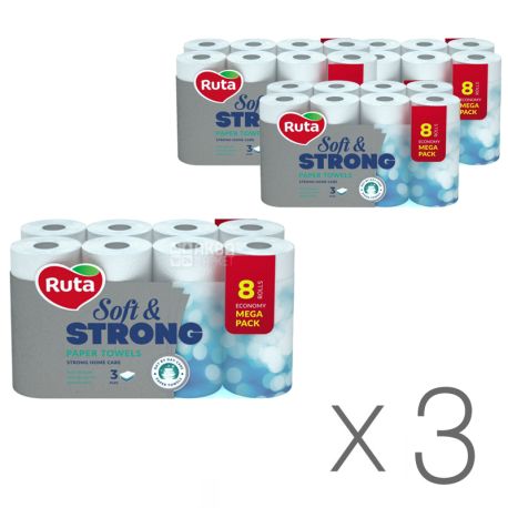 Ruta, Soft & Strong, 3 упаковки по 8 рул., Бумажные полотенца Рута Софт енд Стронг, 3-х слойные, белые, 85 листов, 39х21 см