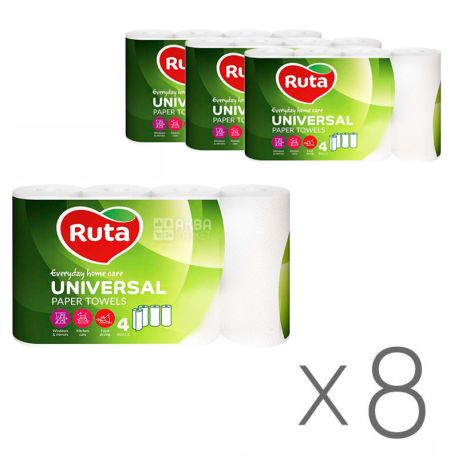 Ruta Universal, 8 упаковок по 4 рул., Паперові рушники Рута Універсал, 2-х шарові, 10 м, 58 листів, 25х15 см