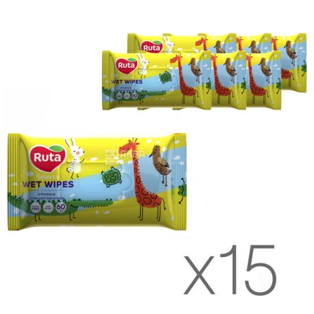 Ruta Selecta, Wipes wet Rue Selecta, Funny animals, children, with aloe extract, 60 PCs., 15 packs.