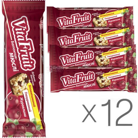 Вітапак, Vita Fruit, 25 г, Упаковка 12 шт., Батончик-мюслі, Журавлина