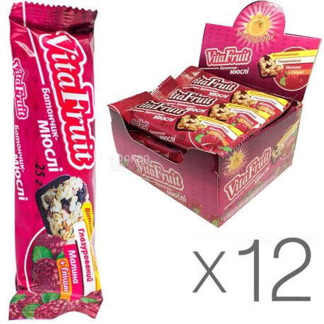 Вітапак, Vita Fruit, 25 г, Упаковка 12 шт., Вітафрут, Батончик-мюслі, Малина та гліцин