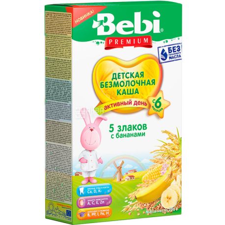 Bebi Premium, 200 г, Бебі Преміум, Каша безмолочна, 5 злаків з бананами, з 6-ти місяців