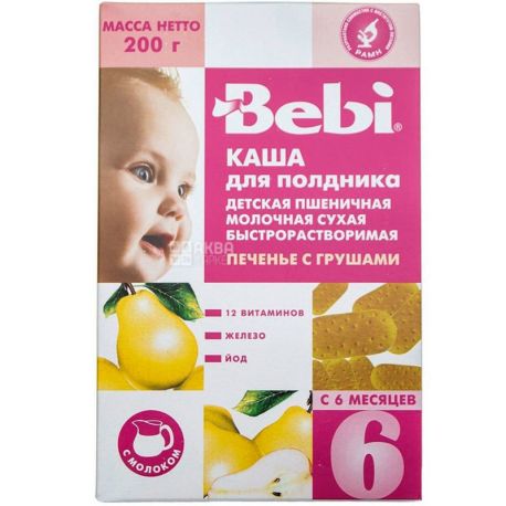 Bebi Premium, 200 г, Беби Премиум, Каша молочная, Пшеничная Печенье с грушей, для полдника, с 6-ти месяцев