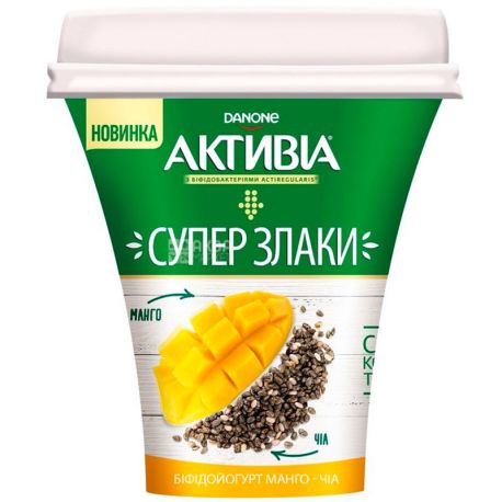 Активиа, Супер злаки, 230 г, Бифидойогурт, Манго-чиа, 3%