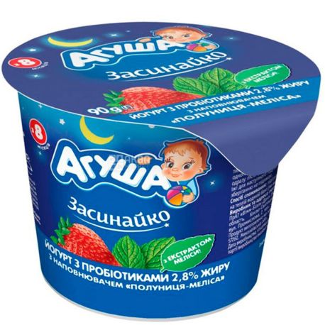 Agusha Zasypayka, 90 g, Children's yogurt, Strawberry-melissa, from 8 months, 2.8%