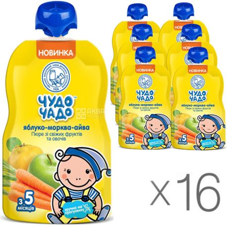 Чудо-Чадо, упаковка 16 шт., По 90 г, Пюре Яблуко-зітхання-Айва, з цукром