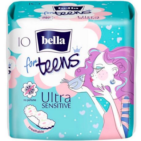 Bella for Teens, Ultra Sensitive, 10 шт, Гигиенические прокладки для подростков, 4 капли