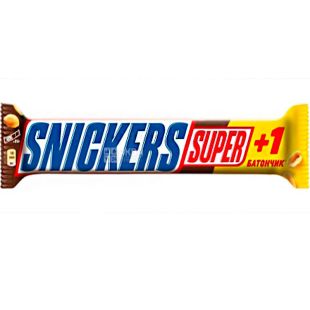 Snickers Super + 1, 112,5 г, Снікерс, Батончик шоколадний з арахісом та нугою