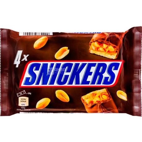 Snickers, 4 шт. х 50 г, Сникерс, Батончик с карамелью, жареным арахисом и нугой в молочном шоколаде
