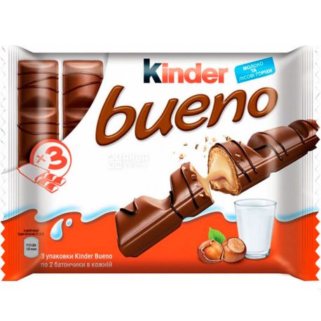 Kinder Bueno, 3 шт. х 43 г, Киндер Буено,  Батончик шоколадный с ореховой начинкой