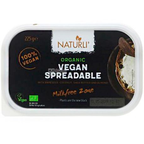 Naturli Organic Vegan Spreadable, 225 g, Naturli, Vegan Organic Spread, 75%
