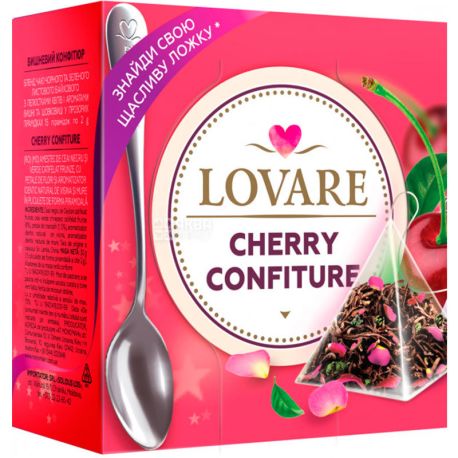 Lovare, Cherry Confiture, 15 пак х 2 г, Чай Ловаре, Вишневый конфитюр, черный и зеленый + ложка