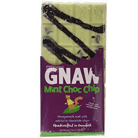 Gnaw, 110 г, гнав, Шоколад молочный, зі смаком м'яти з крихтою чорного бельгійського шоколаду
