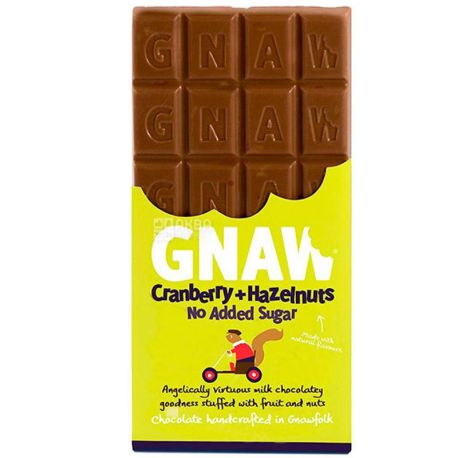 Gnaw, 100 g, Gnav, Milk chocolate without sugar with cranberries and hazelnuts