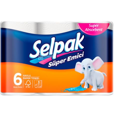 Selpak, Super Emici, 6 рул., Паперові рушники Селпак Суперпоглинаючі, 3-х шарові, 80 аркушів, 32х23 см