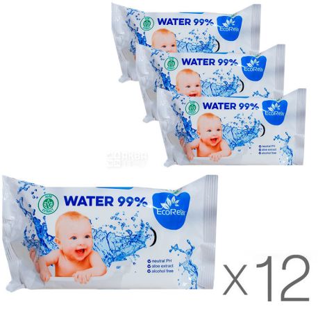 EcoRelax Water 99 %, 72 шт., ЭкоРелакс Салфетки влажные детские, Упаковка 12 шт.