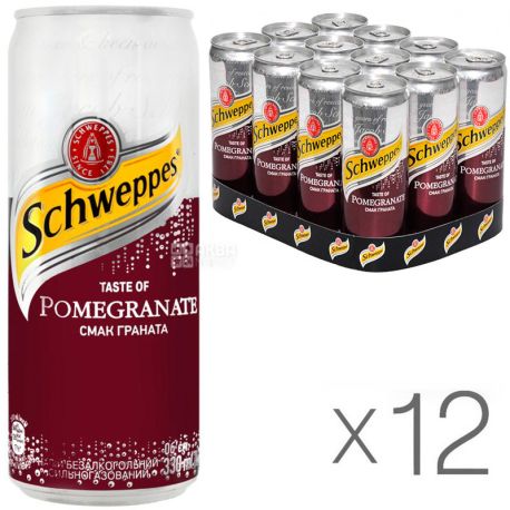 Schweppes, Pomegranate, Упаковка 12 шт. по 0,33 л, Швепс, Гранат, Вода сладкая, ж/б