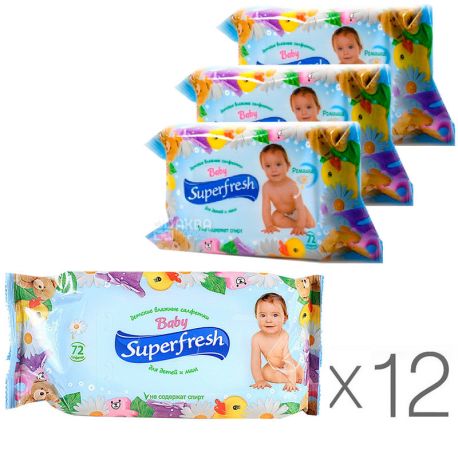 Superfresh, 72 шт., Суперфреш, Салфетки влажные для детей и мам, Упаковка 12 шт.