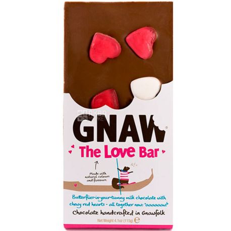Gnaw, 115 g, Gnav, Belgian milk chocolate with jelly hearts
