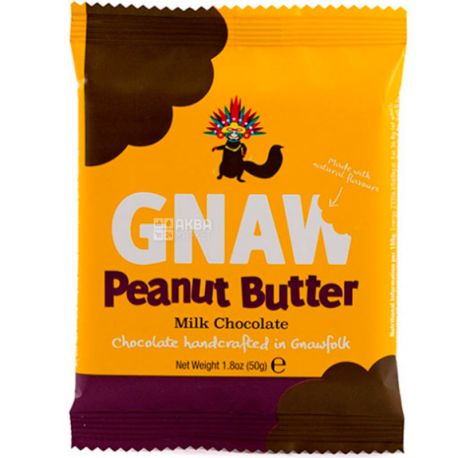 Gnaw, 50 г, Гнав, Бельгийский молочный шоколад с арахисовым маслом