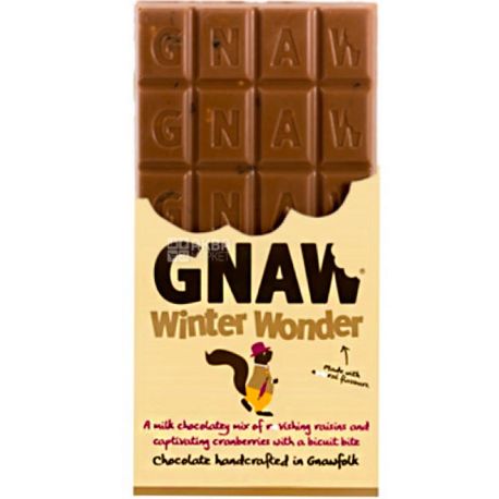 Gnaw, 100 г, Гнав, Бельгийский молочный шоколад с изюмом, клюквой и бисквитом