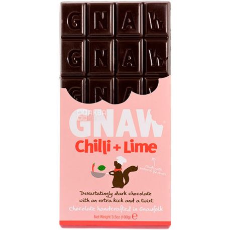 Gnaw, 100 г, гнав, Бельгійський чорний шоколад зі смаком чилі і лайму